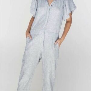 Acacia Donny Jumpsuit Blue and White thin pinstripes Ruffle collar and sleeves.